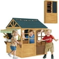 thumbnail image 3 of Qaba Outdoor Playhouse, Foldable Wooden Kids Cottage with Windows, Working Door, Snack Bars, Waterproof Covers, for Kids 3-8 Years, Brown, 3 of 10