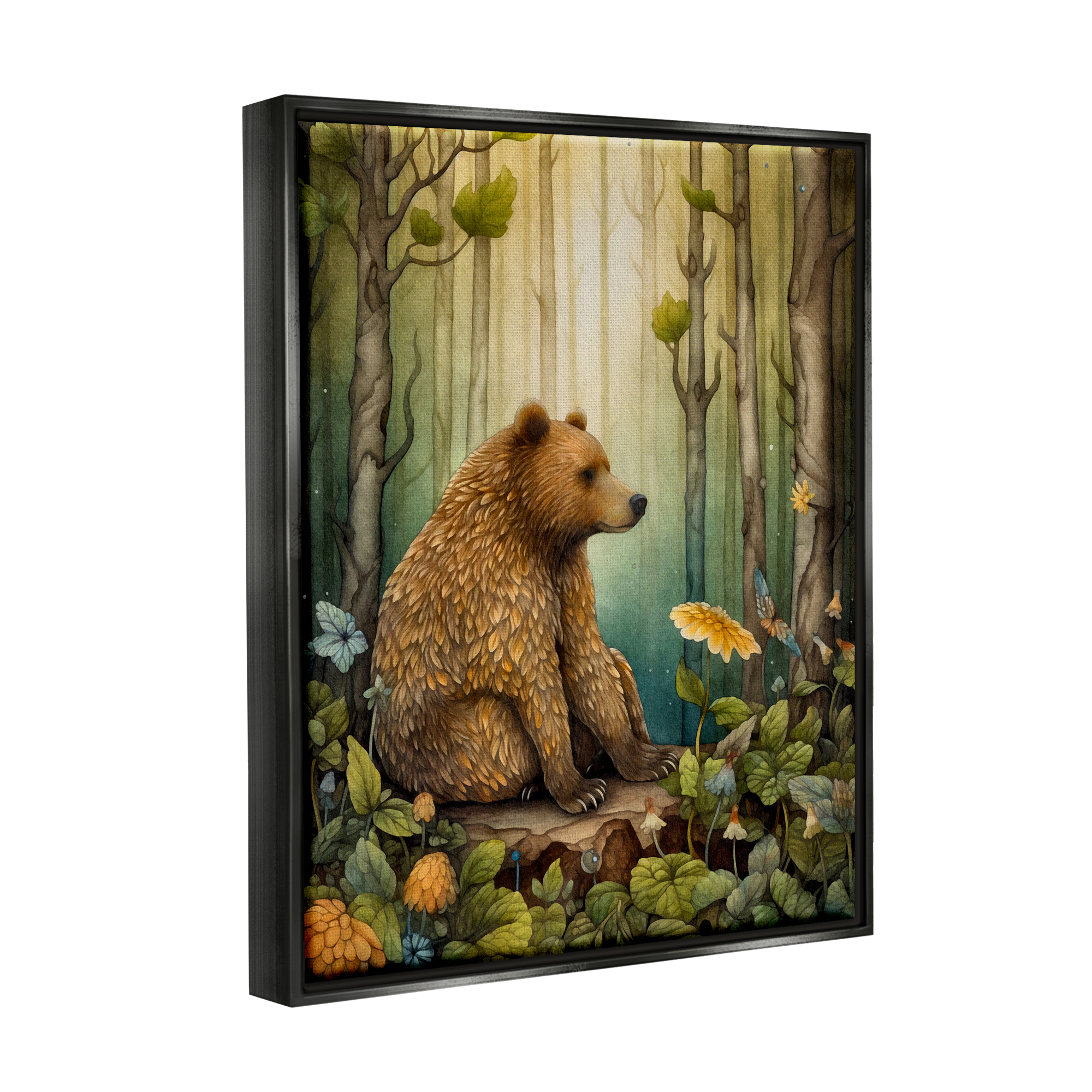 Stupell Industries Bear in Magical Forest Animals & Insects Painting Black Floater Framed Canvas Art Print Wall Art, 25 x 31