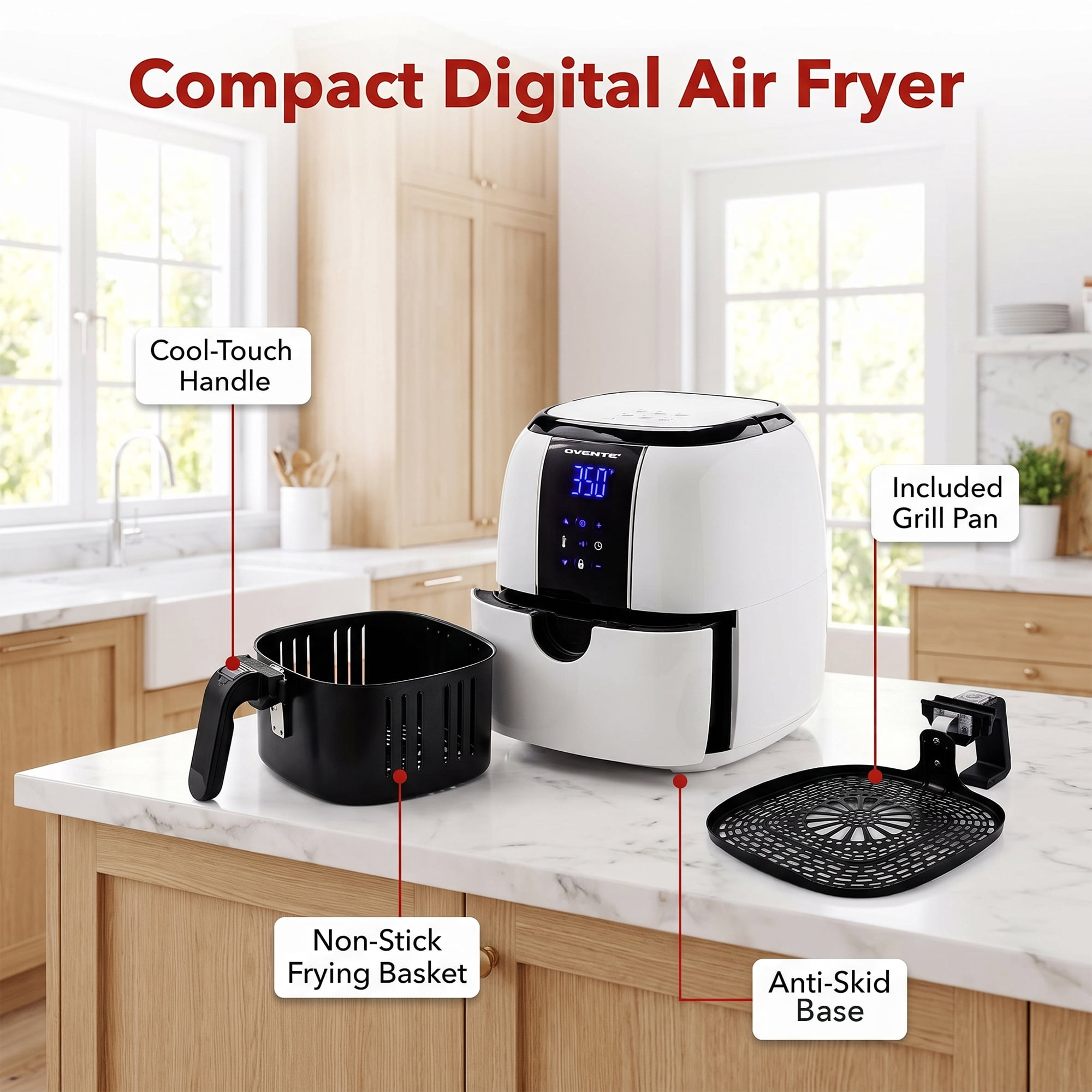 OVENTE 3.2 Qt Compact Digital Air Fryer, 1400W Power, White FAD61302W | Electric Hot Cooker, LED Touch Screen, Auto Shutoff, Dishwasher Safe Nonstick Basket, Perfect for Healthy Food