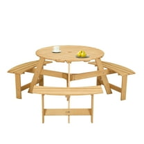 Outdoor 6-Person Round Picnic Table with 3 Built-in Benches & Umbrella Hole - All-Weather Durable Natural Wood Patio Furniture Set for Garden, Backyard, Porch（Wood color）