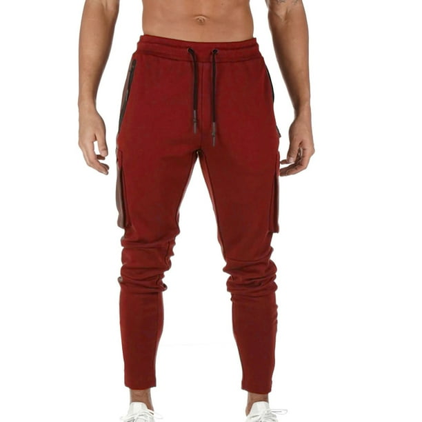 Pantalones informales de fitness para hombre: diseño con múltiples bolsillos y cremallera, cintura media, material de algodón, largo normal, para otoño.