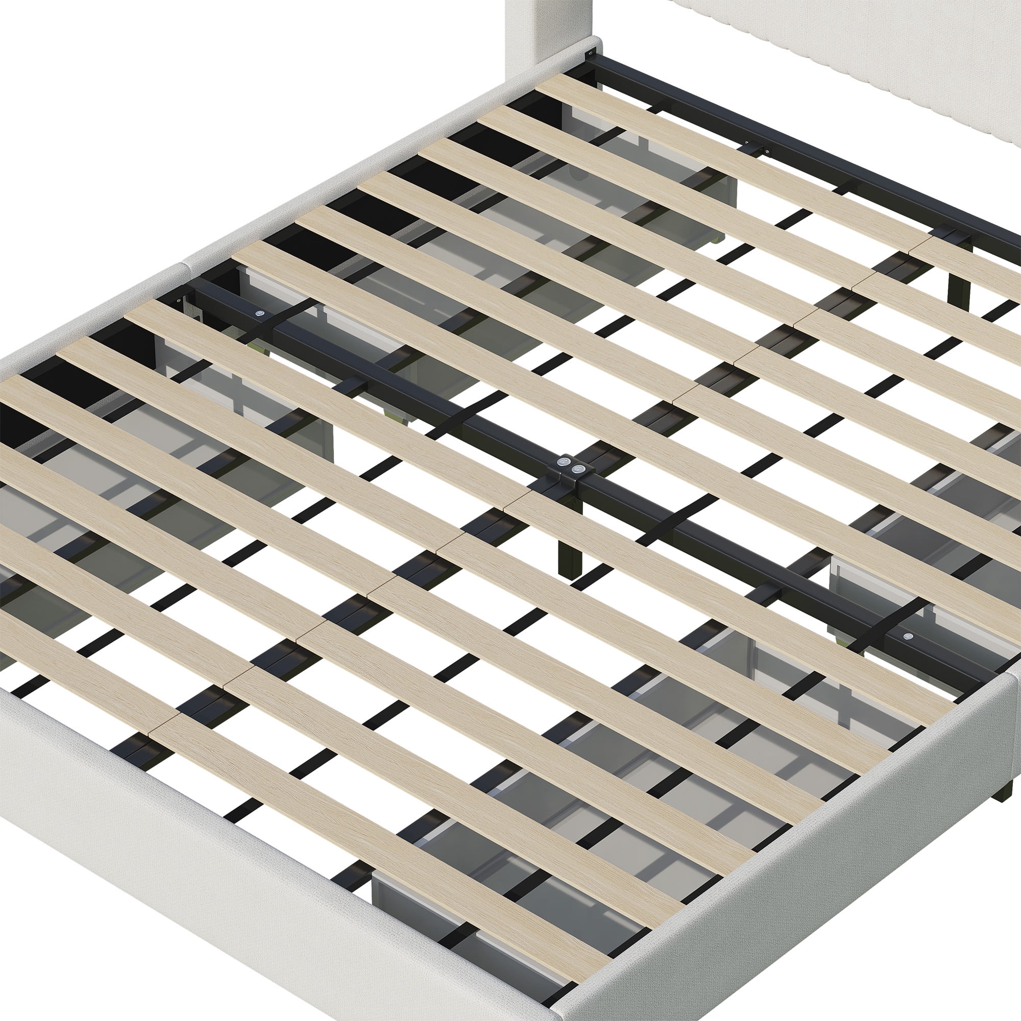 COOLHUT Upholstered Queen Size Platform Bed Frame with 4 Storage Drawers and Headboard, Wing Edge Design/Noise-Free/Wooden Slats Support/No Box Spring Needed/Easy Assembly, White