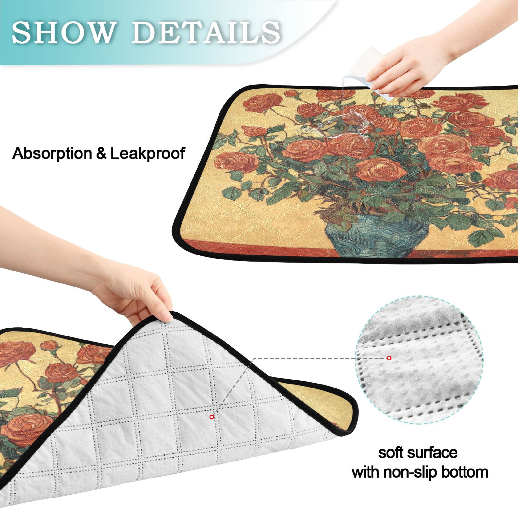Qxltty Oil Painting Patterns for Red Rose Pots Cat litter Pads Pet Set of 2 Diaper Mats Center Anti-leakage Layer Absorbent Soft and Comfortable
