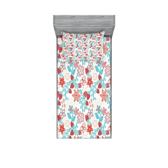 Ambesonne Floral Fitted Sheet & Pillow Sham Set, Flowers Berries, Twin, Dark Coral Aqua