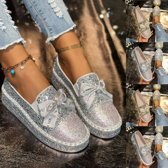 Miluxas Women's Fashion Glitter Slip on Sneakers Rhinestone Bling Platform Walking Shoes Cute Bowknot Sequin Shiny Loafers Silver 9.5(43)