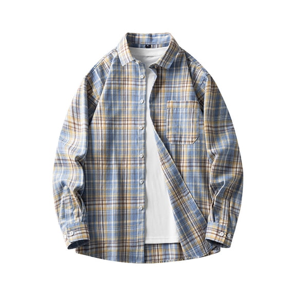 SGFCWSX Men's Flannel Shirt Plaid Long Sleeve Button Down Casual Regular Fit with Chest Pocket Shirts Dark Blue Size 4XL