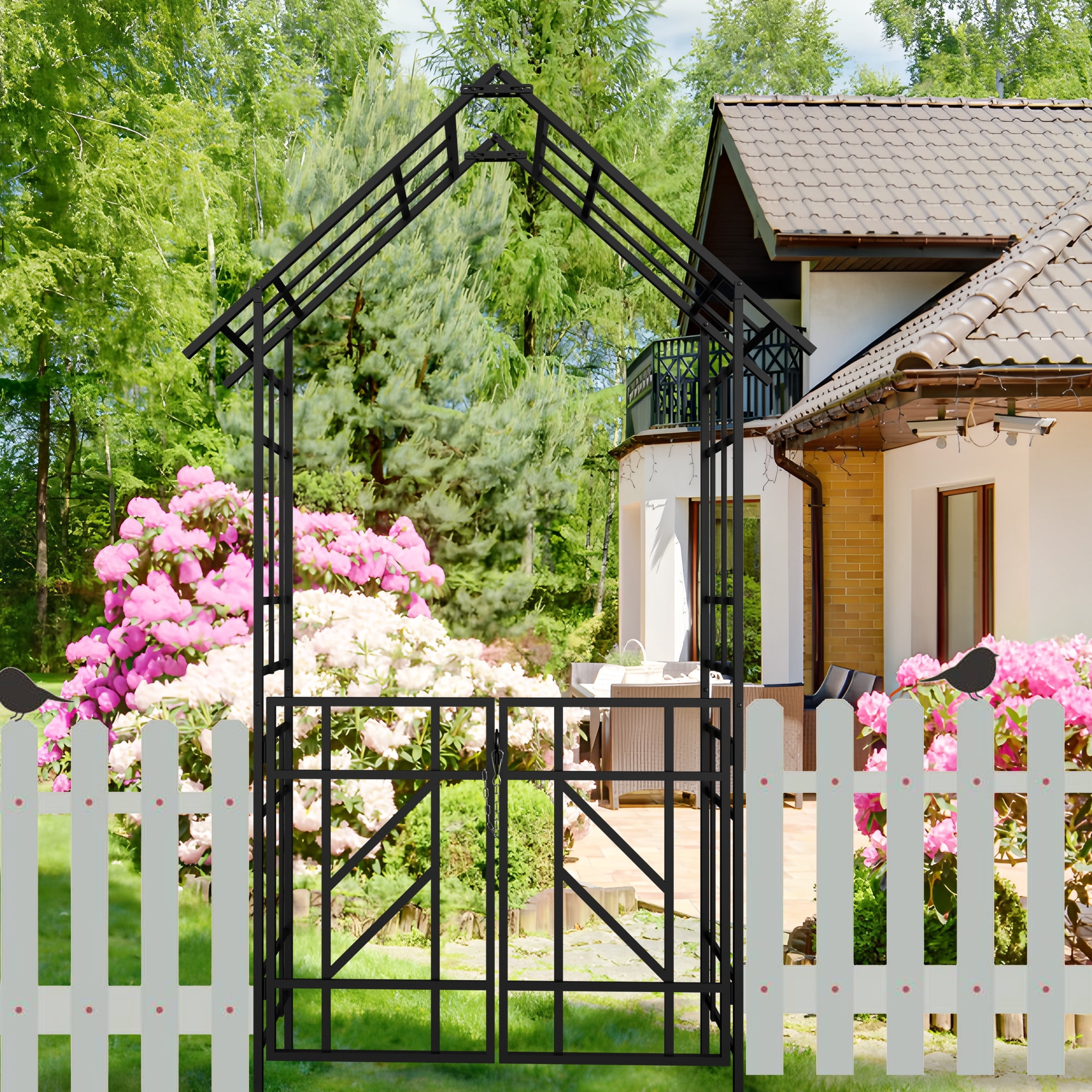 Garden Arch with Gate, Climbing Plants Support Rose Arch Outdoor Black