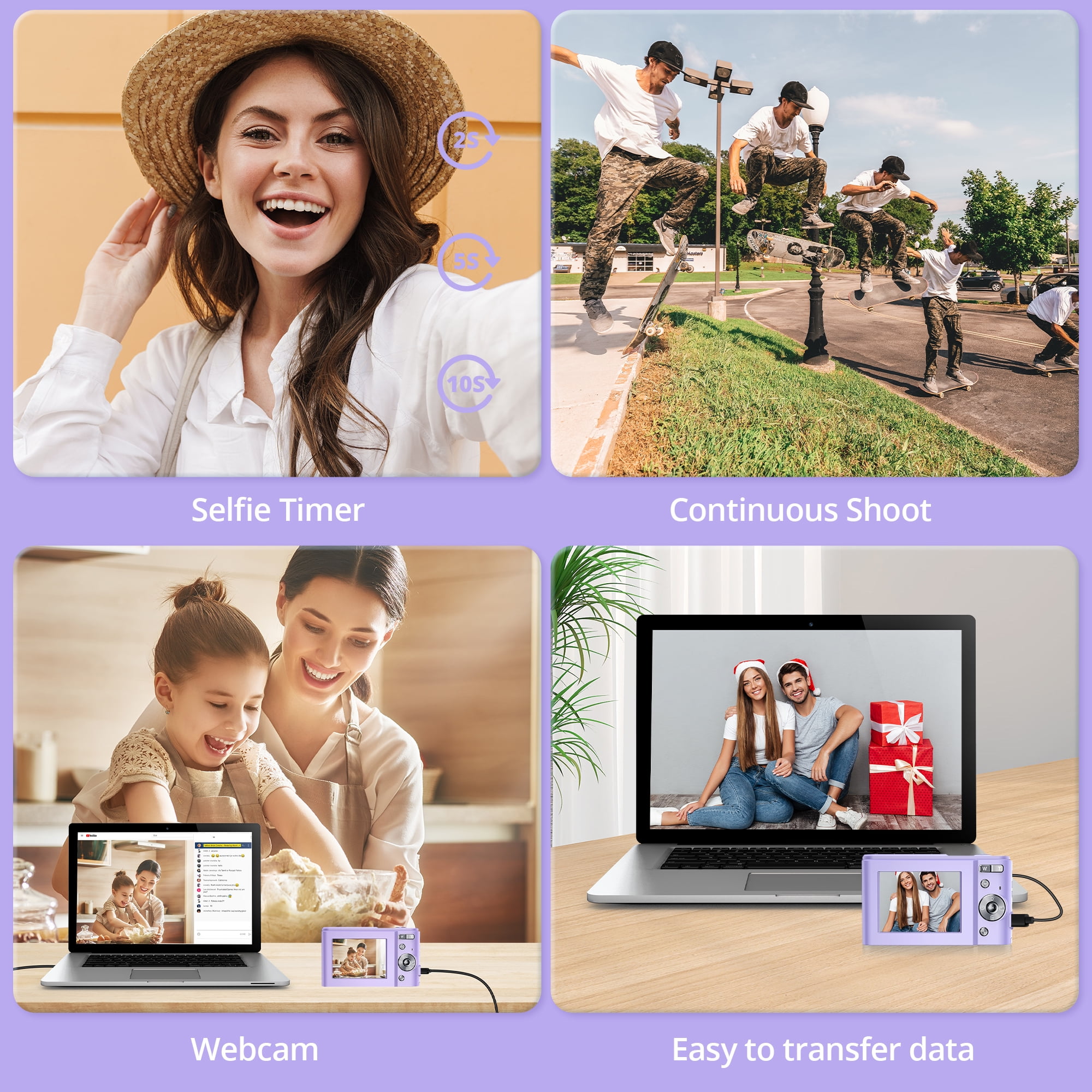 Digital Camera Rechargeable w/ 32GB TF Card, 1080P Video 48MP Fun Retro Filters 16X Zoom Date LED Fill Light, Entry Level Point and Shoot Camera (Purple)