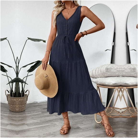 ClodeEU Womens V-Neck Sleeveless Textured Beach Dress,Beach Sundress Tiered Ruffle Flows Skirt Midi Dresses Navy,Womens Plus XL