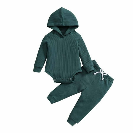 

Dezsed 0-24 Months Fall Winter Toddler Girl Clothes Round Neck Long Sleeve Casual Waffle Solid Hooded Romper Pants Suits Fashion Boys Sets Clothing Clearance