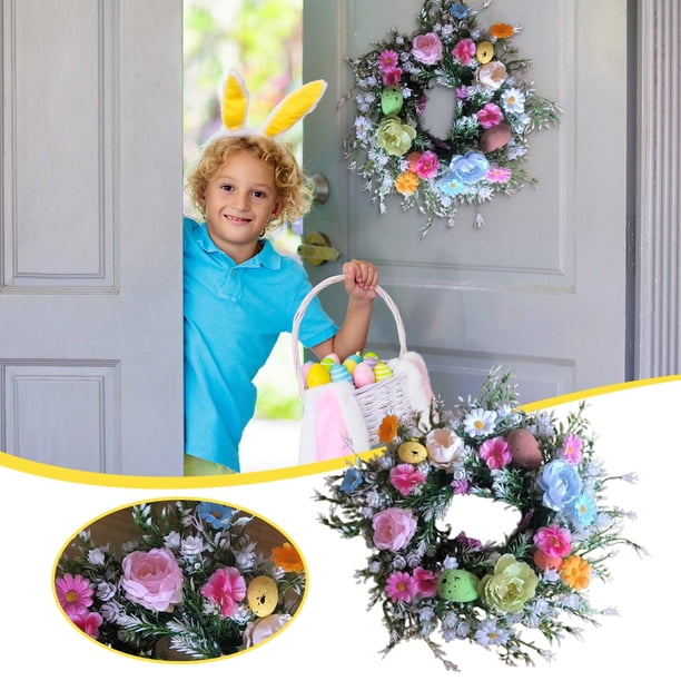 Corona de Pascua para la puerta de entrada | Guirnalda floral artificial de primavera | Letrero de bienvenida decorativo de madera y tela | Hogar, Banquete, Vacaciones, Decoración de bodas | Flores