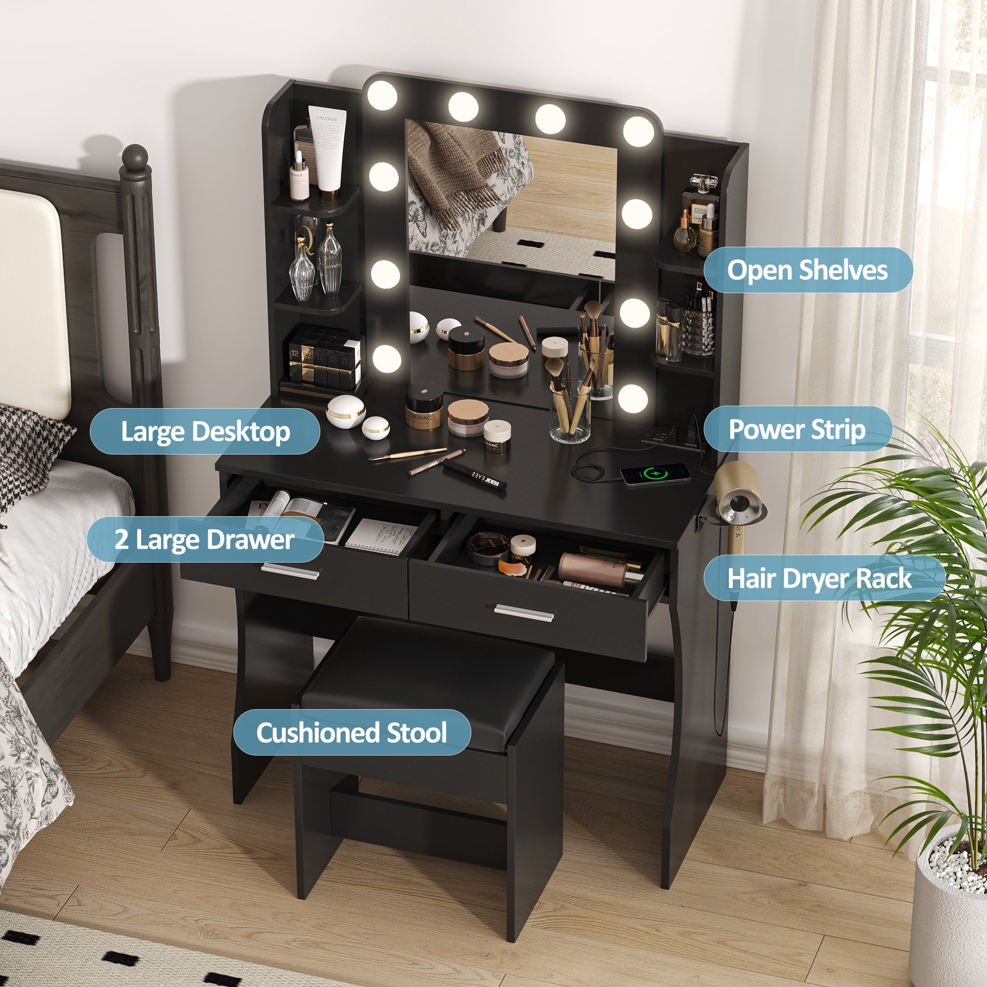 Vabches Vanity Set with Lighted Mirror & Power Outlet Makeup Table with 2 Large Drawers, Black
