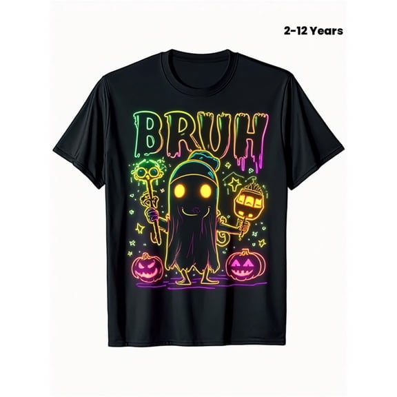 Childrens Wear Neon Bruh Ghost With Pumpkins And Skulls T Shirt For Kids 2 12 Years Funny Cute Style Halloween Gift Unisex Short Sleeve Cotton Tee