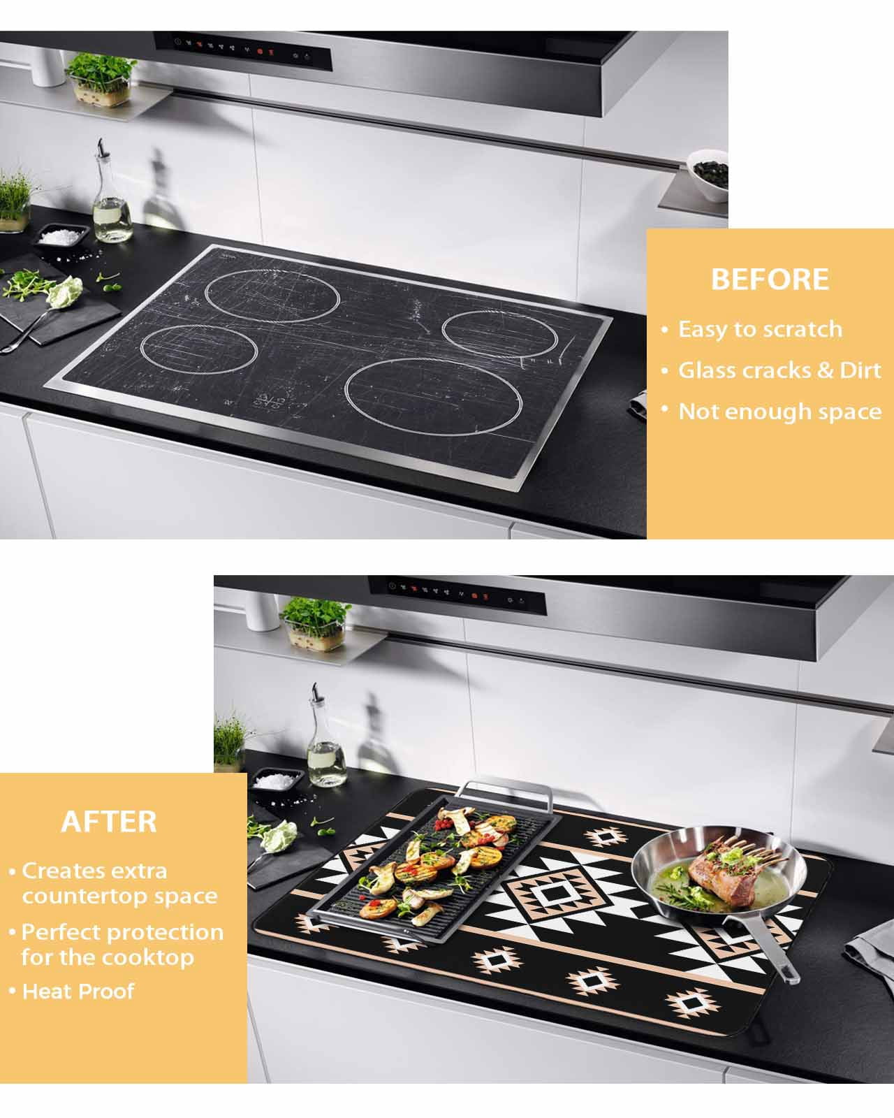 nqOlkjepod Large Induction Cooktop Protector Mat 36"x21", Black White Boho Stove Top Covers for Electric Stove, Modern Western Aztec Abstract Geometric Stove Burner Cover Mats, Glass Top Stove Cover