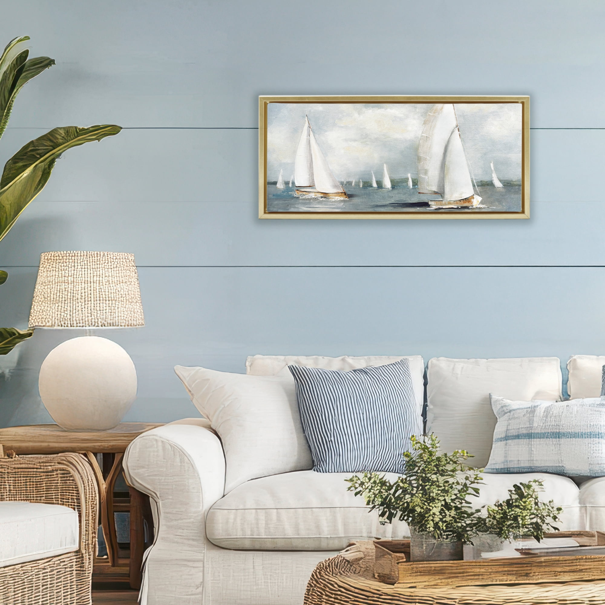 Stupell Industries Windy Sailboat Fleet Gold Framed Floater Canvas Wall Art, design by Sally Swatland