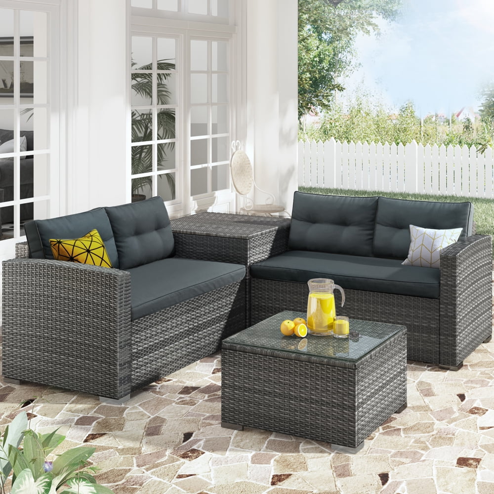 Patio Sofa Furniture Set, 4 Piece Wicker Outdoor Conversation Sets, Sectional Sofa Furniture Sets with Storage Box and Table, Patio Backyard Porch Balcony Deck Furniture Sets, JA2630