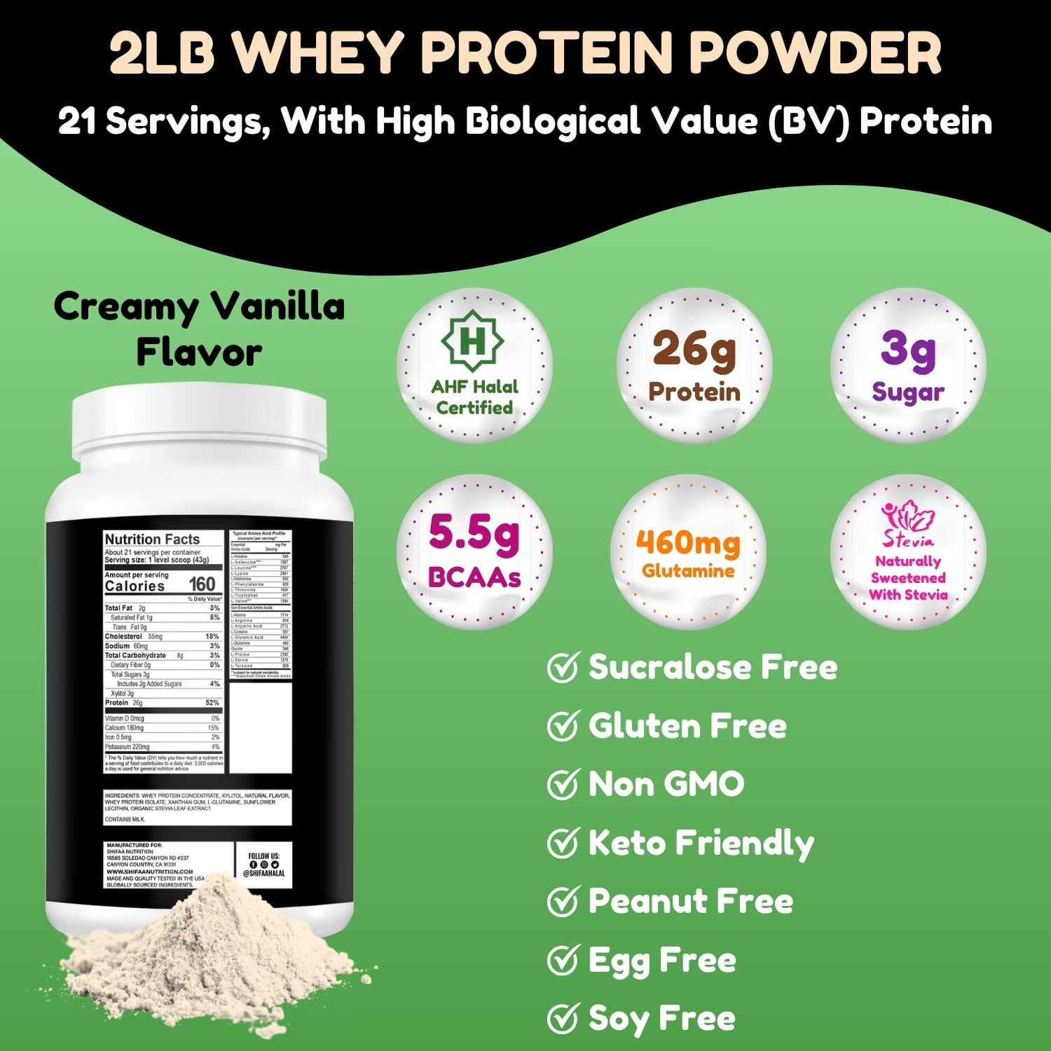 Delicious Creamy Vanilla Halal Whey Protein Powder 2Lbs | 26g Protein, 5500mg BCAAs, and 460mg Glutamine | for Recovery & Lean Muscles | Gluten-Free | Non-GMO | Keto-Friendly | by SHIFAA NUTRITION