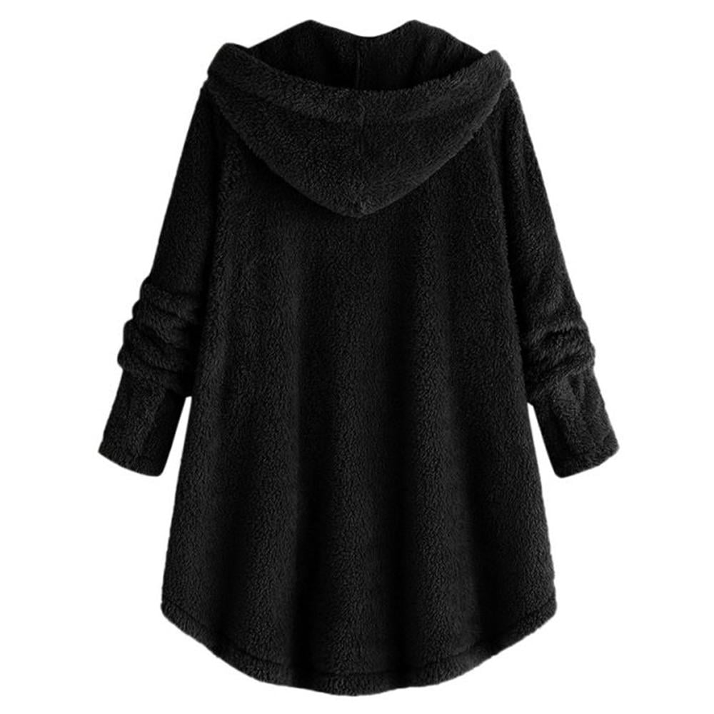 Forthery-Women Casual Fuzzy Fleece Hooded Cardigan Pocket Faux Fur Outerwear Coat 