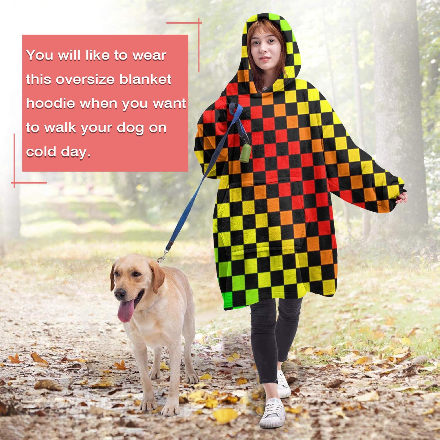 Rainbow Color Checkered Pattern Wearable Oversized Blanket,Wearable Blanket Hoodie for Adults,Cozy Hooded Blankets with Super Pockets,Super Warm Fuzzy Pullover for Women & Men