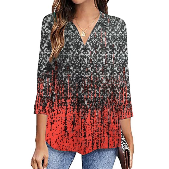 Hauts Décontractés pour Femmes Mode Femme Col en V Manches Trois Quarts 3/4 T-Shirt Imprimé Blouse Hauts Chandail en Molleton Hauts Décontractés pour Femmes en Liquidation