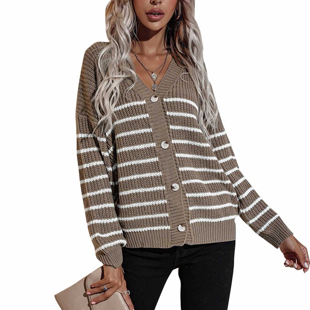 Chaqueta de punto para mujer, a rayas, con botones, manga larga, cuello en V, informal, suelto, teji Abanopi Camello/Pequeña