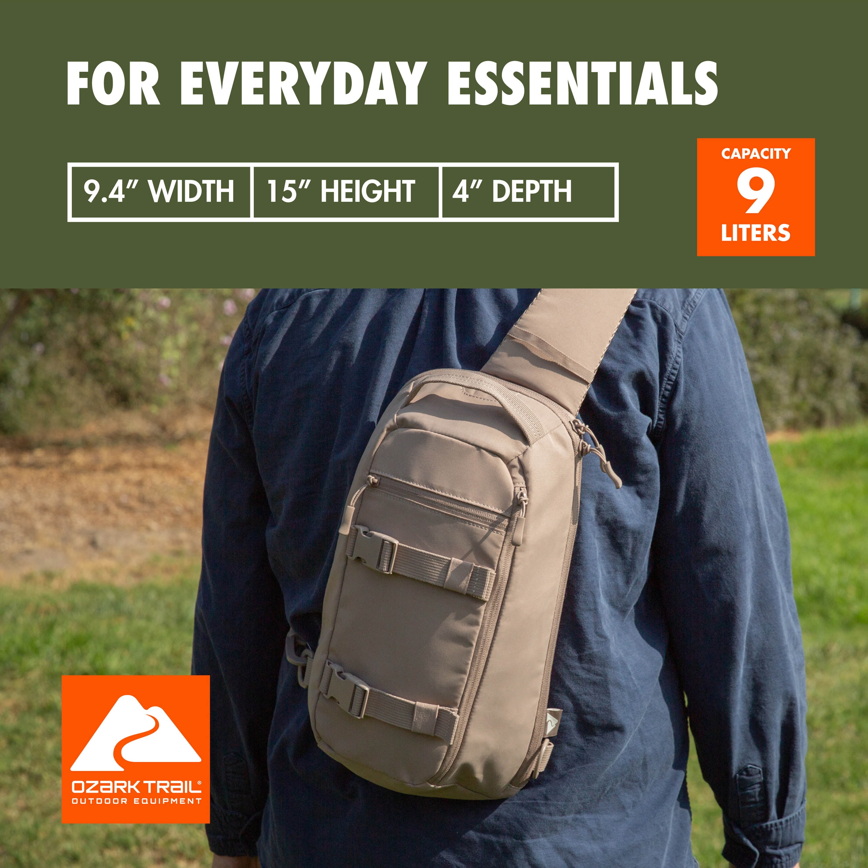 Ozark Trail Sling Pack, Taupe, Polyester, 9 L Messenger Bag, Adult, Unisex