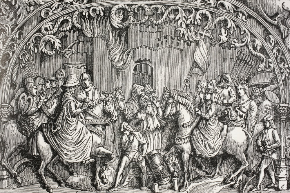 Surrender Of Montefrio Near Granada Spain In 1486 The Moors Deliver The Keys Of The City To Ferdinand The Catholic And Queen Isabella After A Bas-Relief In Granada Cathedral From Military And Religiou