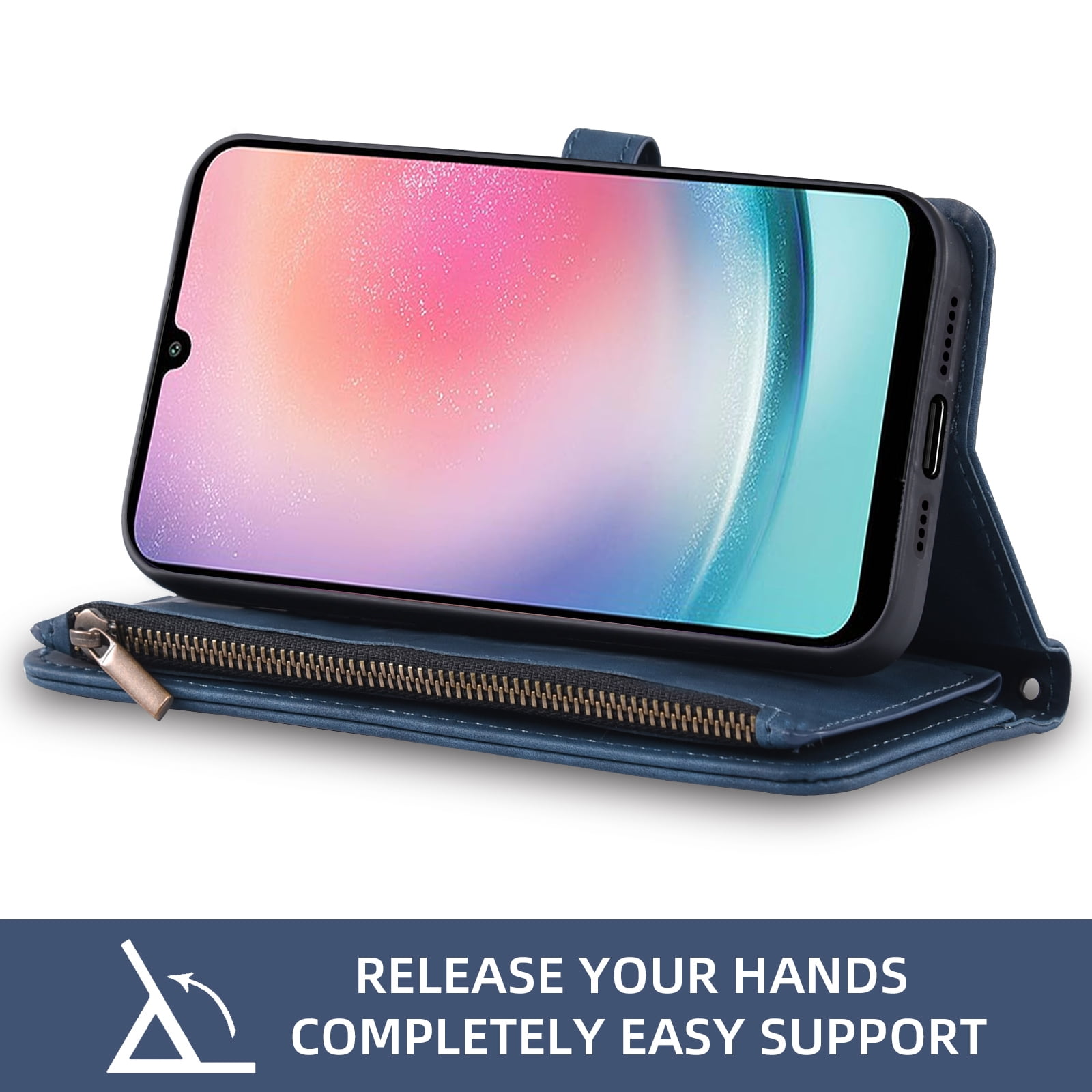 Asuwish Phone Case for Samsung Galaxy A25 5G Wallet Cover With Tempered Glass Screen Protector Crossbody Wrist Strap Flip Pattern Zipper Credit Card Holder Stand Cell A 25 25A SM-A256U Women Men Blue