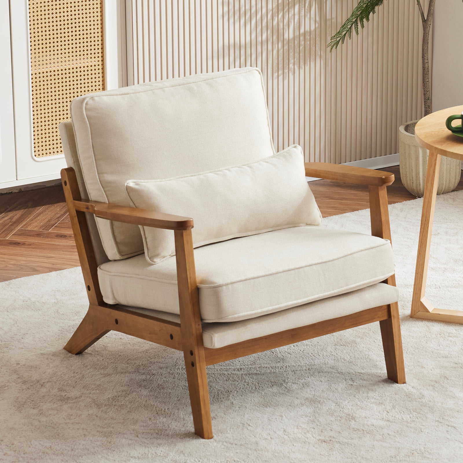 Ktaxon Accent Chair Line Fabric Upholstered Armchair, Reading Club Chair with Pillow for Living Room Bedroom Furniture Beige