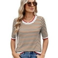 thumbnail image 3 of Womens Summer Short Sleeve Shirts Striped Sweater Cute Casual Trendy Crewneck Knit Blouses Coffee Color L, 3 of 9