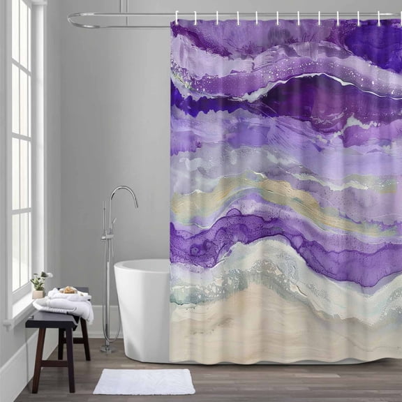 Abstract Purple Shower Curtain for Bathroom Decor, Gradient Beach Ocean Wave Oil Painting Waterproof Fabric Shower Curtain, 54"x78" Set with 12 Hooks