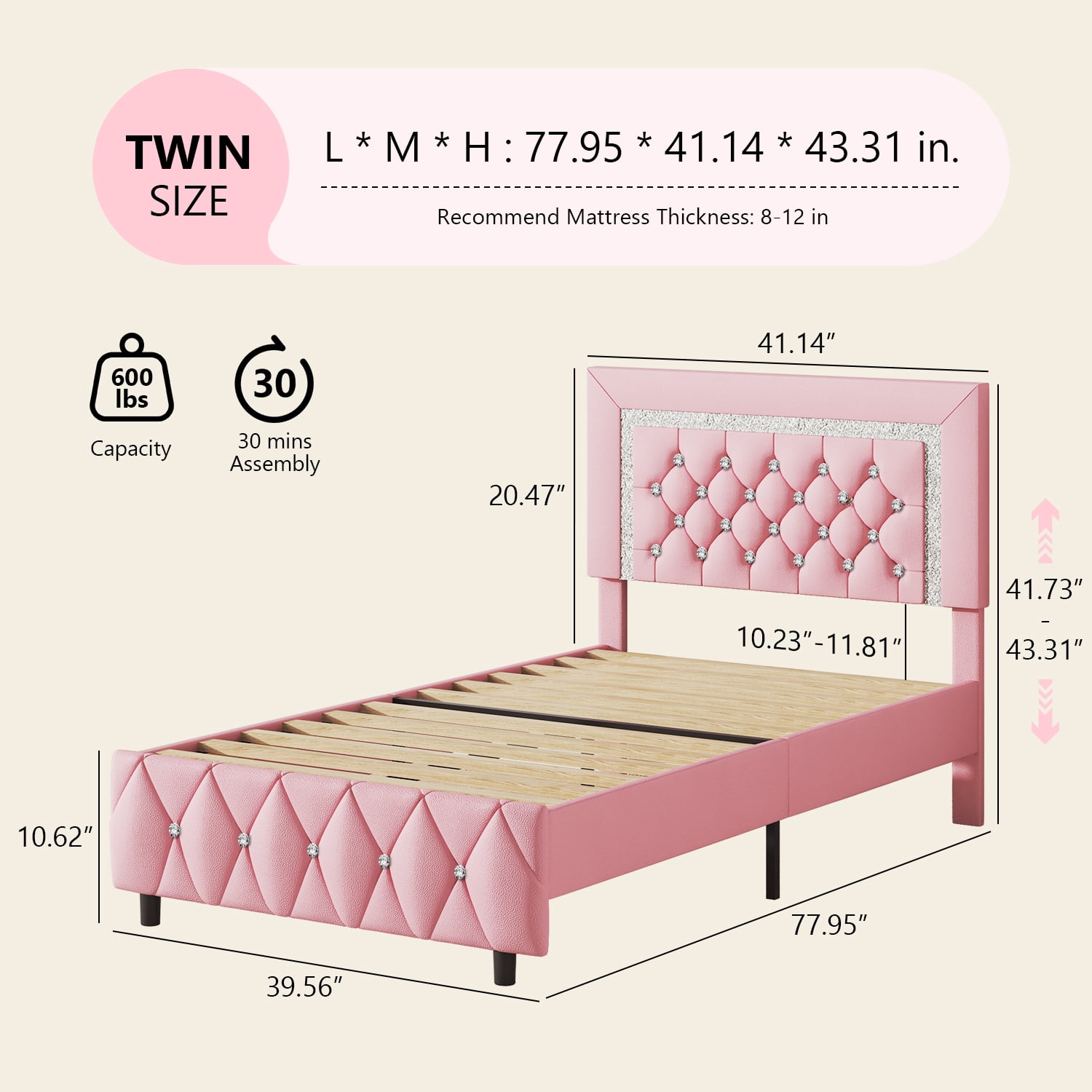 4 EVER WINNER Twin Bed Frame, Upholstered Platform Bed Frame with Headboard and Footboard, Twin Size Bed Frame, Diamond Headboard and Footboard Design, Pink
