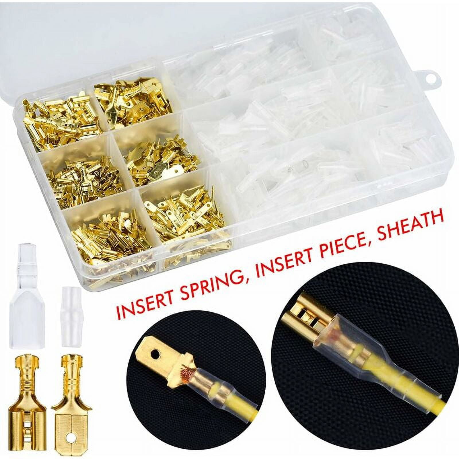 600PCS Brass Crimp Terminals, 28/48/63mm Electrical Lug with Insulation Male Female Spade Handle Wire Connectors Crimp Terminal for Automobile Boat Motorcycle Car
