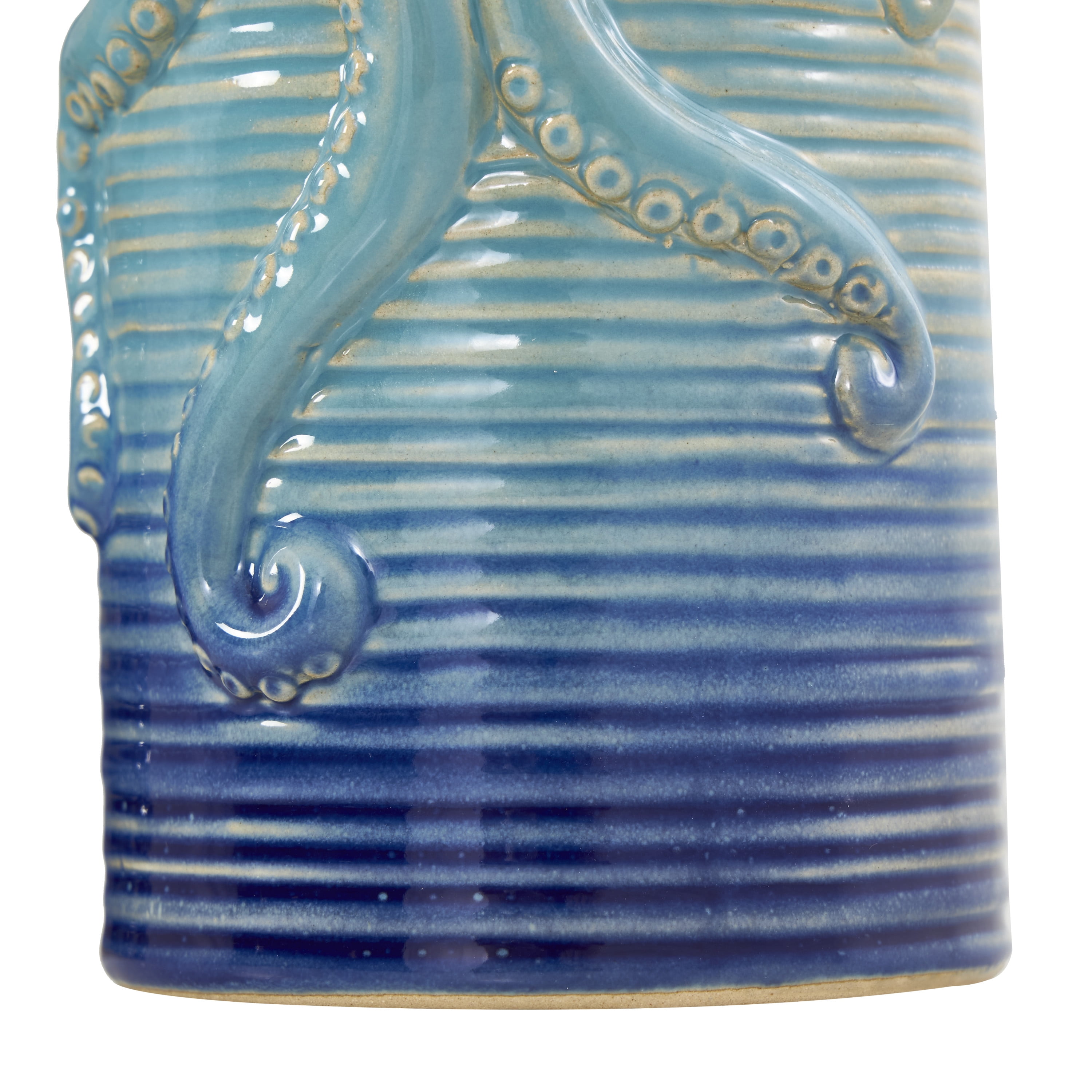 DecMode 10", 10"H Octopus Dimensional Ribbed Ombre Blue Ceramic Vase, Set of 2