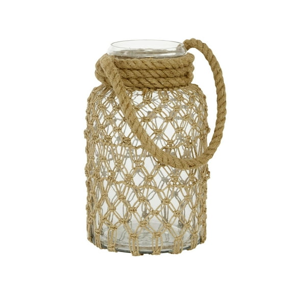 DecMode Clear Glass Decorative Candle Lantern with Rope Handle