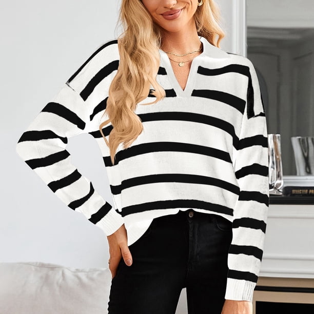 MHFRRA Camiseta Informal de Manga Larga a Rayas para Mujer, Cuello Redondo, Blusa Básica para Uso Diario, Vacaciones, Otoño e Invierno. Blanco