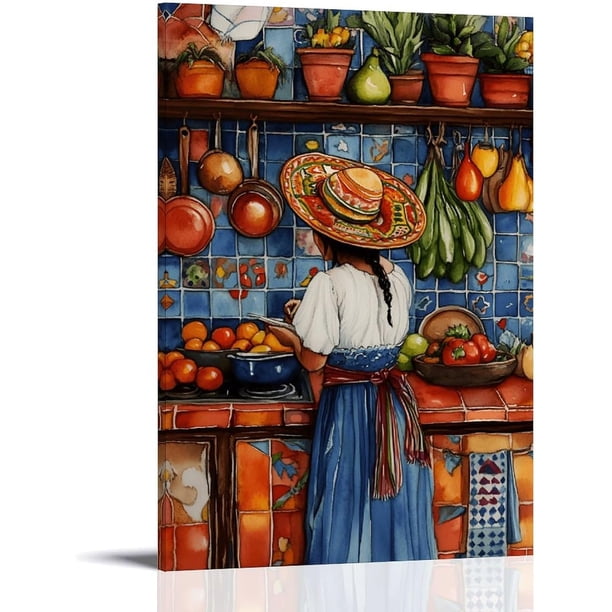 Arte Mural: Mujer Cocinando en Cocina Mexicana Tradicional, Decoración para Hogar y Restaurantes
