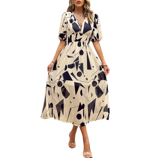 xiaxaixu Robe d'Été Longue A-Ligne Manches Courtes V Motif de Cou / Robe de Plage Imprimé Floral