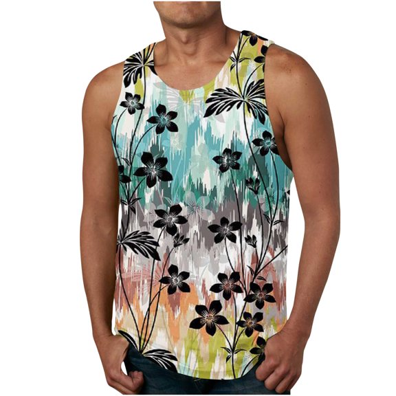 Xysaqa Men's Floral Hawaiian Tank Top, Novelty Funny Graphic Casual Sports Tees, Sleeveless Beach Shirt (Available in Big & Tall) M-6XL