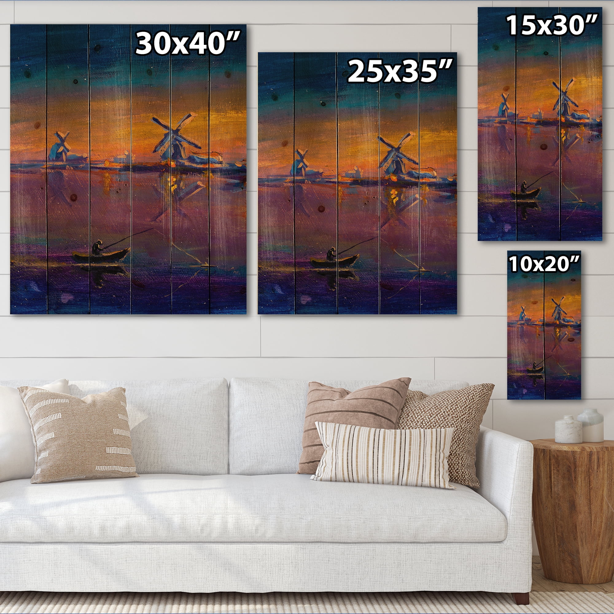 Designart 'Evening Fishing Near The Traditional Windmill' Nautical & Coastal Print on Natural Pine Wood