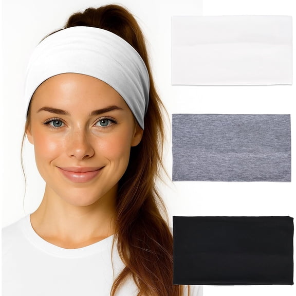 Extra Wide Headbands for Women 3 Pack, Soft Stretch Workout Headbands, Absorbent Quick Dry Hair Bands for Yoga, Running, Gym, Skincare & Daily Wear, Comfortable Wide Hair Wraps for Women