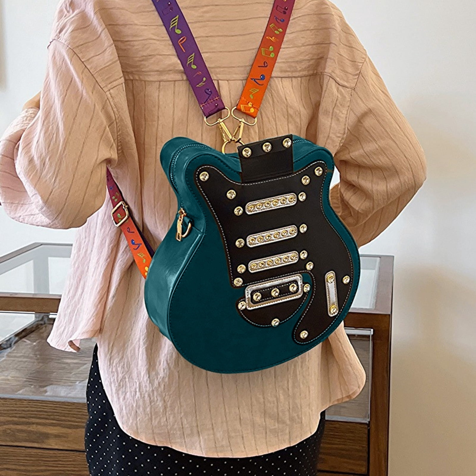 Mauxuk Unique Guitar Shaped Backpack - Stylish PU Leather Sling Bag, Rhinestone Rivets, Adjustable Strap, 12.2x11x3.1in, 1.3lb, Travel & Gifts