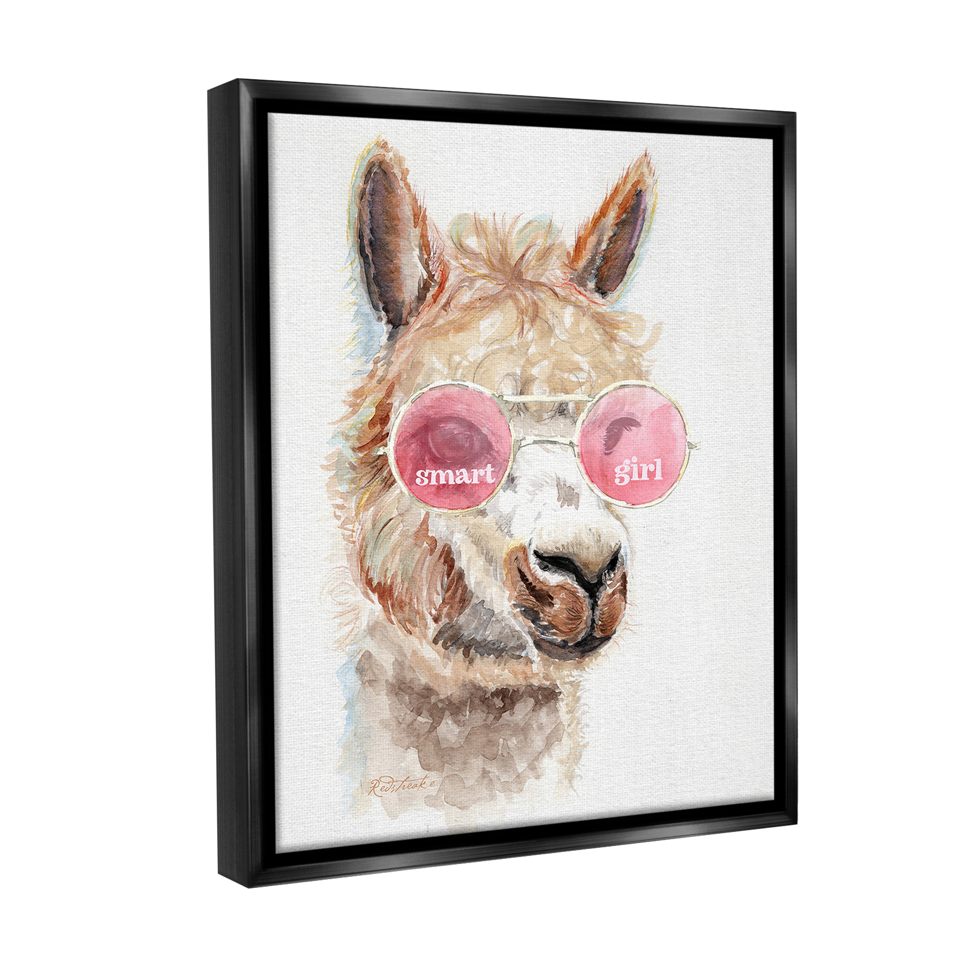 Stupell Industries Smart Girl Llama Animals & Insects Painting Black Floater Framed Canvas Art Print Wall Art, 25 x 31