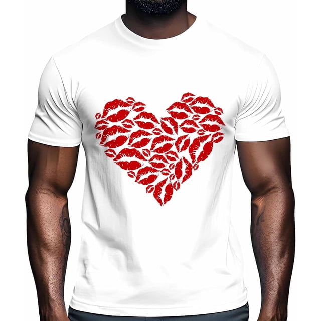 T-Shirts for Men, Valentine's Day Red Lip Prints Crew Neck Cotton T-Shirt Men's Short Sleeve Romantic Kisses Heart
