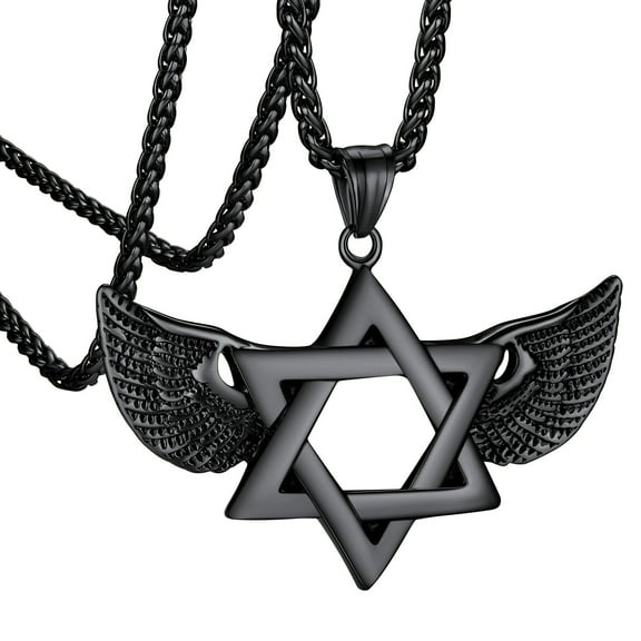 [Clearance]Black Star of David Necklace for Men Women with Angel Wing Stainless Steel Amulet Jewelry