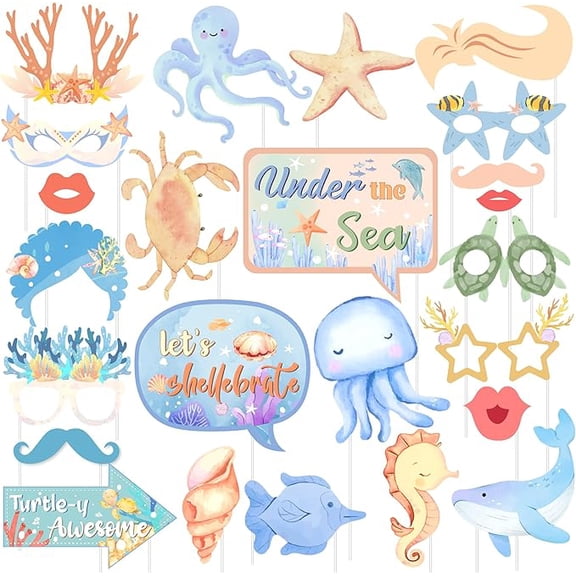 Under The Sea Photo Props, 24Pcs Ocean Photo Props, Sea Animal Photo Booth Props, Ocean Themed Party Decorations Under The Sea Party Supplies for Birthday Baby Shower