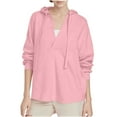 thumbnail image 2 of Fanxing Women's V Neck Hoodies Y2k Long Sleeve Drawstring Pullover Casual Solid Color Sweatshirt Fall Fashion Loose Soft Tops Pink M, 2 of 9