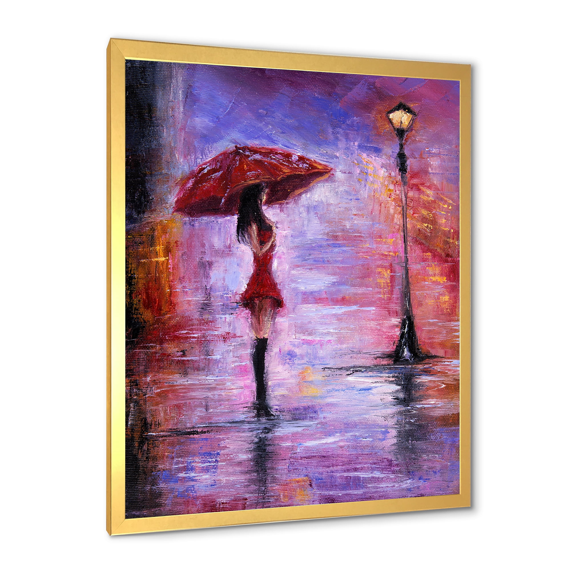 Designart 'The Girl With The Umbrella Walking In The Rain I' French Country Framed Art Print