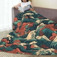 thumbnail image 3 of LNWH Vintage Japanese Crashing Wave Pattern Throw Blanket, Flannel Sofa Blankets for All Seasons, 40"x30", 3 of 8