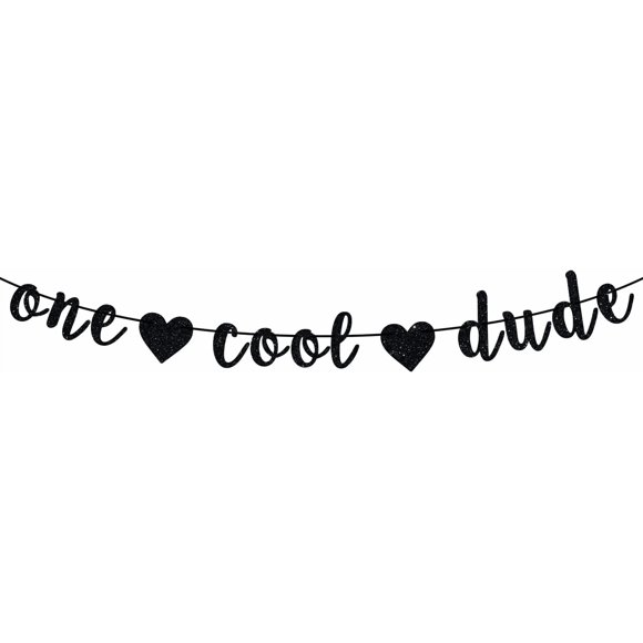 Black Glitter One Cool Dude Banner, Mr One Derful/Boss Baby First Birthday Bunting Sign, Baby Shower/Baby's 1st Birthday Party Decorations Supplies